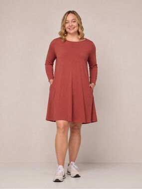 Wool& Rowena Swing Merino Wool Dress Long Sleeve In Cinnamon Rust Size L